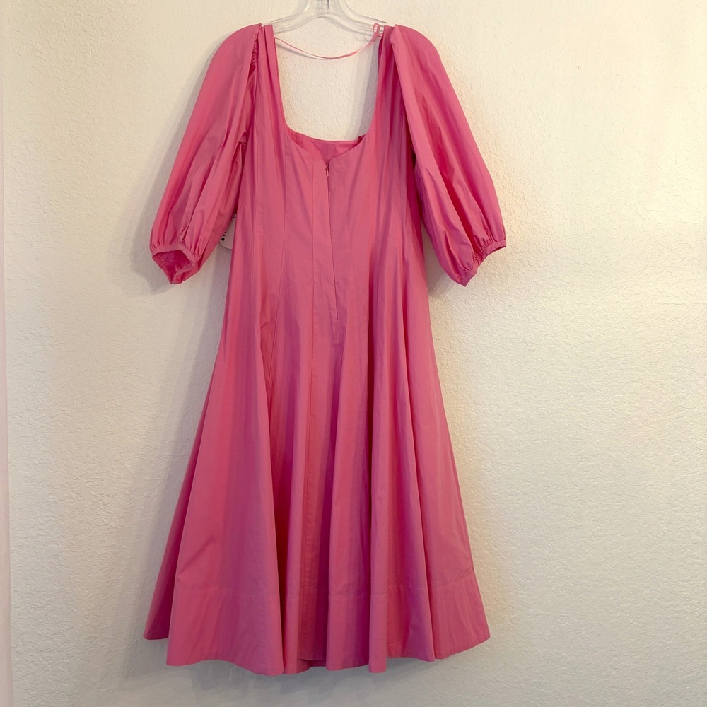 STAUD Swells Dress 16 Midi Puff Sleeve Cotton Poplin Wild Orchid Wedding FLAW - Picture 9 of 16